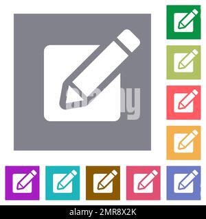 Editing box with pencil solid flat icons on simple color square backgrounds Stock Vector