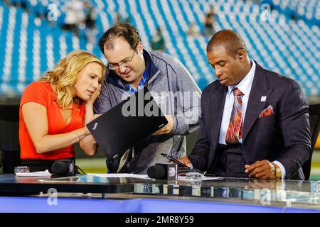 TNF NFL crew, from left, Tony Gonzalez, Charissa Thompson, Ryan  Fitzpatrick, Andrew Whitworth and Richard Sherman, before an NFL football  game between the Houston Texans and the San Francisco 49ers on Thursday