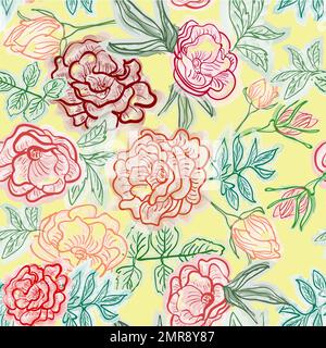 Seamless pattern on yellow background with the roses painted in outline and watercolor style Stock Vector