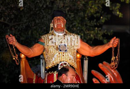 Hulk Hogan takes part in the Mardi Gras celebration as he rides on a float as King Bacchus during the Krewe of Bacchus parade. New Orleans, LA. 2/3/08. Stock Photo