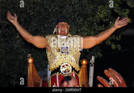 Hulk Hogan takes part in the Mardi Gras celebration as he rides on a float as King Bacchus during the Krewe of Bacchus parade. New Orleans, LA. 2/3/08. Stock Photo