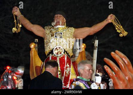 Hulk Hogan takes part in the Mardi Gras celebration as he rides on a float as King Bacchus during the Krewe of Bacchus parade. New Orleans, LA. 2/3/08. Stock Photo