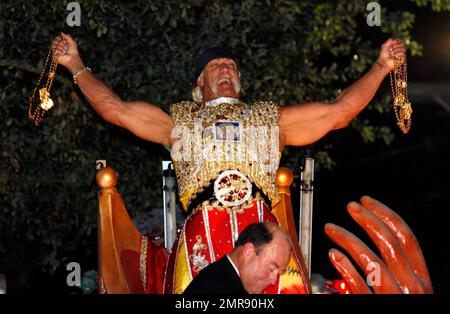 Hulk Hogan takes part in the Mardi Gras celebration as he rides on a float as King Bacchus during the Krewe of Bacchus parade. New Orleans, LA. 2/3/08. Stock Photo