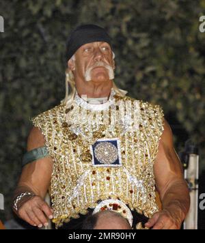 Hulk Hogan takes part in the Mardi Gras celebration as he rides on a float as King Bacchus during the Krewe of Bacchus parade. New Orleans, LA. 2/3/08. Stock Photo