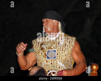 Hulk Hogan takes part in the Mardi Gras celebration as he rides on a float as King Bacchus during the Krewe of Bacchus parade. New Orleans, LA. 2/3/08. Stock Photo