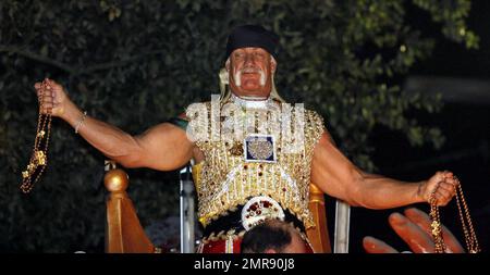 Hulk Hogan takes part in the Mardi Gras celebration as he rides on a float as King Bacchus during the Krewe of Bacchus parade. New Orleans, LA. 2/3/08. Stock Photo