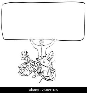 line art male traveler with his bicycle holding blank space illustration vector hand drawn isolated on white background Stock Vector