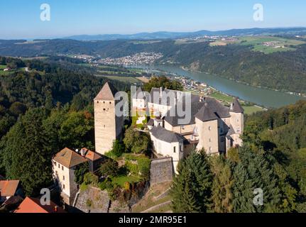 Drone shot, Vichtenstein Castle with view into the Danube valley, Vichtenstein, Sauwald, Innviertel, Upper Austria, Austria, Europe Stock Photo