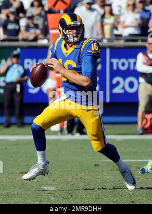 London, UK. 27 October 2019. Rams Quarterback, Jared Goff (16) throws a  pass during the NFL match Cincinnati Bengals v Los Angeles Rams at Wembley  Stadium, game 3 of this year's NFL