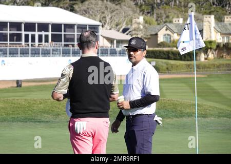 Pebble Beach, CA, USA. 31st Jan, 2023. Hollywood actor, Michael Pena practices with Rory Sabbatini prior to the 2023 AT&T Pro-Am., PGA Tour golf event. Here in the famous 18th bunker at Pebble Beach Links Credit: Motofoto/Alamy Live News Stock Photo