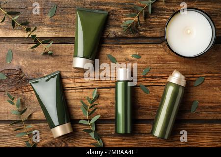 Flat lay composition with cosmetic products on wooden table Stock Photo