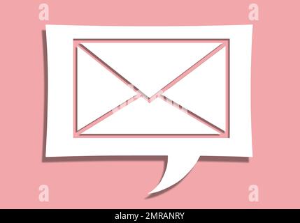 Label, paper in the form of a message. The paper on the wall is pink. In the form of an envelope inside. Letter. Stock Photo