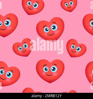 Seamless Pink Pattern with Red Smile Hearts. Smiling Hearts repeated background. Stock Vector