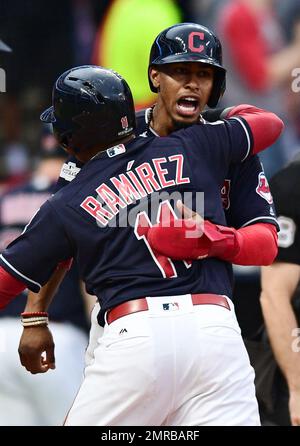Cleveland Indians Francisco Lindor hugs Chicago Cubs Javier Baez (L) before  the 2018 Home Run Derby at Nationals Park in Washington, D.C. on July 16,  2018. Photo by Kevin Dietsch/UPI Stock Photo - Alamy