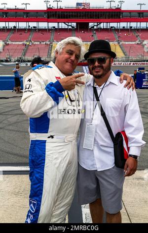 Host of 'Jay Leno's Garage' and former host of NBC's 'The Tonight Show attends the 2015 Verizon IndyCar MAVTV 500 as a guest of racing legend Mario Andretti of Andretti Autosport. Jay took a two lap ride in a two seater indycar with Andretti as part of the pre-race activities. Los Angeles, CA. June 27, 2015. Stock Photo