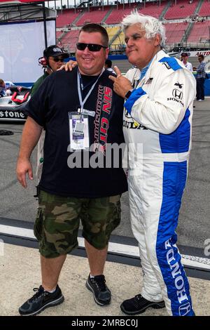 Host of 'Jay Leno's Garage' and former host of NBC's 'The Tonight Show attends the 2015 Verizon IndyCar MAVTV 500 as a guest of racing legend Mario Andretti of Andretti Autosport. Jay took a two lap ride in a two seater indycar with Andretti as part of the pre-race activities. Los Angeles, CA. June 27, 2015. Stock Photo