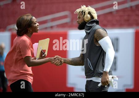 Fox Sports television sideline broadcast reporter Kristina Pink works on  the sideline before an NFL football game between the New England Patriots  and the New York Giants, Thursday, Oct. 10, 2019, in