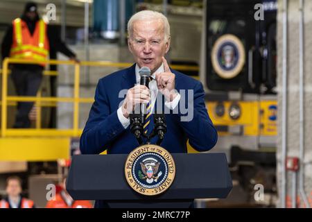 President Joe Biden Jr. highlights Bipartisan Infrastructure Law funding for the Hudson River Tunnel project at West Side Yard gate in New York on January 31, 2023 Stock Photo