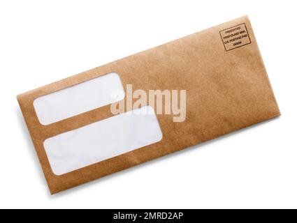 Brown Rectangle Envelope Cut Out on White. Stock Photo