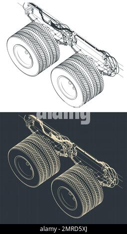 Stylized vector illustrations of isometric blueprints of tandem truck axle suspension Stock Vector
