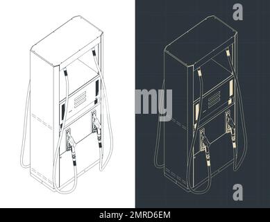 Stylized vector illustrations of isometric blueprints of fuel dispenser Stock Vector