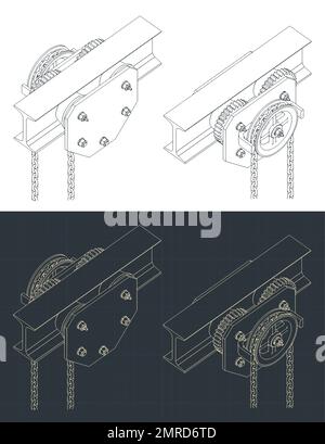 Stylized vector illustrations of isometric blueprints of trolley chain hoist Stock Vector