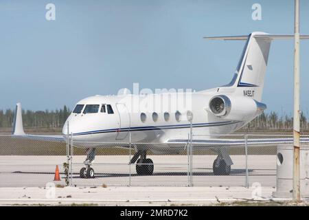 General views of John Travolta's jet at the Grand Bahama International Airport. John Travolta's son, Jett, will reportedly be taken to the Restview Memorial Mortuary and Crematorium in the Bahamas. A local viewing will be held before he is flown to the U.S. for burial on Tuesday. Jett Travolta reportedly suffered a seizure and died after hitting his head on a bathtub during a family vacation in Freeport, Bahamas. 1/3/09. Stock Photo