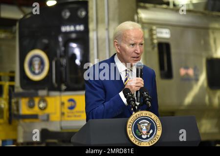 New York, USA. 31st Jan, 2023. (NEW) Bipartisan Observations on Infrastructure Act in New York City. January 31, 2023, New York, USA: US President Joe Biden delivers a speech and discusses topics related to the Bipartisan Infrastructure Act and how it would help with traffic and transportation at the Long Island Railroad West Side Train Yard in New York on Tuesday (31) (Credit Image: © Kyle Mazza/TheNEWS2 via ZUMA Press Wire) EDITORIAL USAGE ONLY! Not for Commercial USAGE! Stock Photo