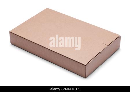 Flat Brown Cardboard Box Cut Out on White. Stock Photo
