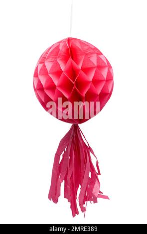 Pink Paper Ball Hanging Decoration Cut Out On White. Stock Photo