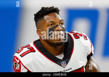 Atlanta Falcons safety Ricardo Allen (37) runs out of the smoke during pre- game introductions in a week 4 NFL football game against the Tennessee  Titans, Sunday, Sep. 29, 2019 in Atlanta. (Michael