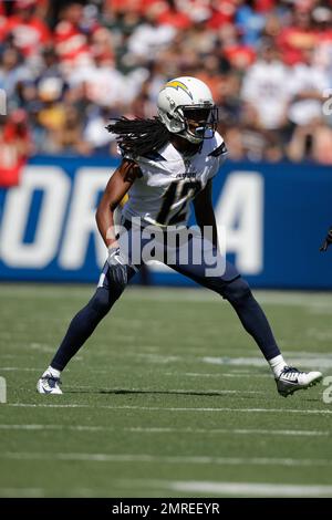 Los Angeles Chargers Travis Benjamin runs in for a touchdown against the  Denver Broncos in the second half at the StubHub Center in Carson,  California on October 22, 2017. The Chargers won