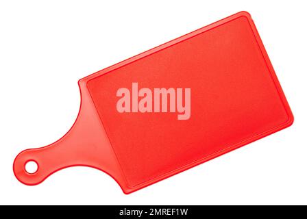 Small Red Plastic Cutting Board Top View Cut Out on White. Stock Photo