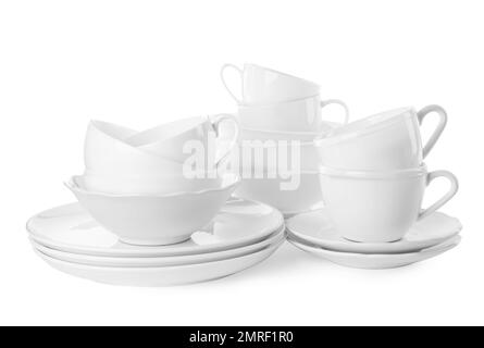 Set of clean tableware isolated on white Stock Photo