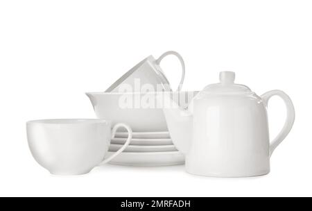 Set of clean tableware isolated on white Stock Photo