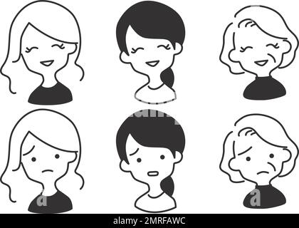 Face icons for young and senior women. Smile and worried expression. Black and white. Line drawing. Stock Vector