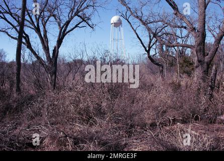 A white water tower storage tank stands tall in the distance with blue sky background with dry drought stricken brush. Stock Photo