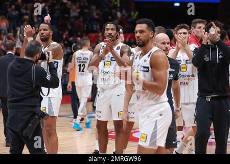Milan, Italy. 29th Jan, 2023. Italy, Milan, dec 29 2023: Darion Atkins (Trento center) and teammates greet the fans at the end of basketball game EA7 Emporio Armani Milan vs Dolomiti Energia Trentino, LBA 2022-2023 day17 at Mediolanum Forum (Credit Image: © Fabrizio Bertani/Pacific Press via ZUMA Press Wire) EDITORIAL USAGE ONLY! Not for Commercial USAGE! Stock Photo