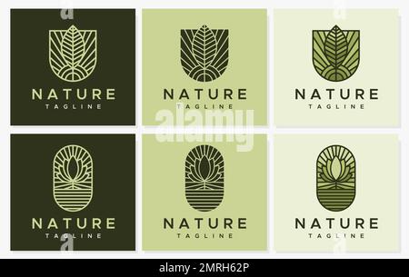 Leaf line logo design template collection. Simple line plant logo vector bundle. Stock Vector