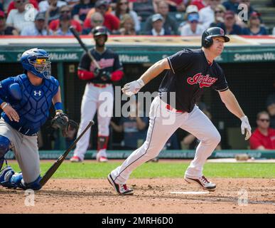 Cleveland Indians' Jay Bruce watches an RBI single off Tampa Bay