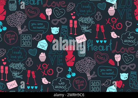 Valentines day linear doodle seamless pattern. Romantic background for invitation postcard, celebration greeting endless template. Repeat ornament on Valentine day, print boundless scrapbook decor Stock Vector