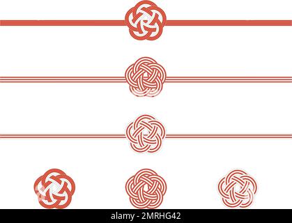 Ume knot mizuhiki made with five red and white strings. Japanese traditional ornament. Stock Vector