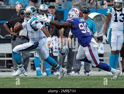 Buffalo Bills' Shaq Lawson, left, greets Denver Broncos' DeShawn Williams  during the first half of a preseason NFL football game, Saturday, Aug. 20,  2022, in Orchard Park, N.Y. (AP Photo/Jeffrey T. Barnes