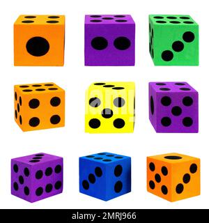 A collection of colorful foam dice isolated on a white background Stock Photo