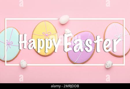 Beautiful greeting card with Easter cookies  and eggs Stock Photo