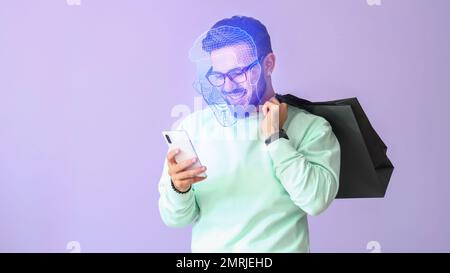 Young man with mobile phone using facial recognition system on lilac background Stock Photo