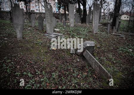 A sideway tombstone had been completely displaced and toppled, with warped tombstones. It is seen that the 400-year-old historical cemetery in Kadikoy is neglected. The Ayrilik Cesme Cemetery, which is the last part of the Karacaahmet Cemetery in Istanbul Uskudar and contains the graves of the names who served in the Ottoman Palace, has turned into ruins. It is known that the burial process in the cemetery, where the first burials were made 400 years ago, continued until the beginning of the 20th century. The cemetery, where most of the tombstones were destroyed, some of the heads fell off, an Stock Photo