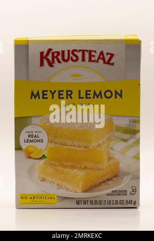 Krusteaz Meyer Lemon bar mix with real lemons on white background Stock Photo