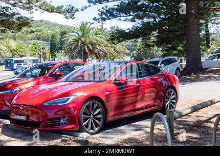 Tesla Model S car, 2016 year model, parked at a Sydney beach car park, electric vehicle EV, Sydney,NSW,Australia Stock Photo