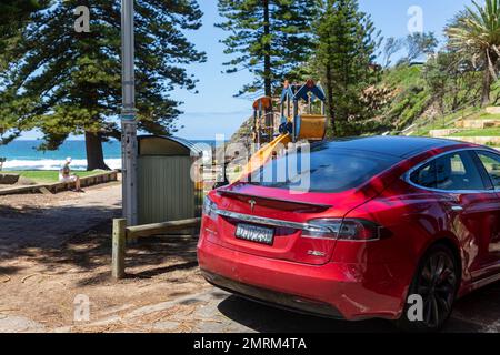 Tesla Model S car, 2016 year model, parked at a Sydney beach car park, electric vehicle EV, Sydney,NSW,Australia Stock Photo